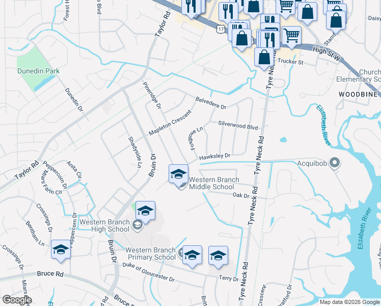map of restaurants, bars, coffee shops, grocery stores, and more near 3204 Foxgrove Lane in Chesapeake