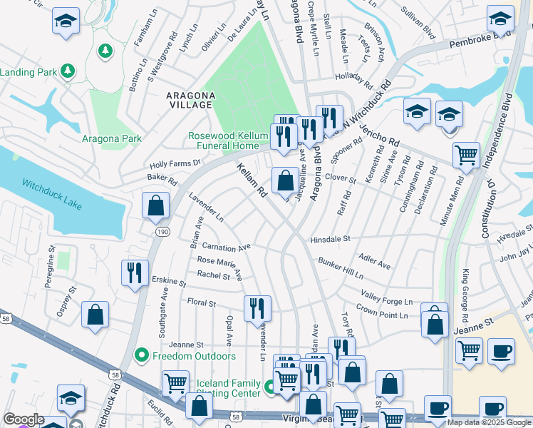map of restaurants, bars, coffee shops, grocery stores, and more near 612 Wordsworth Lane in Virginia Beach