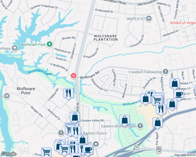 map of restaurants, bars, coffee shops, grocery stores, and more near 884 Westminster Lane in Virginia Beach