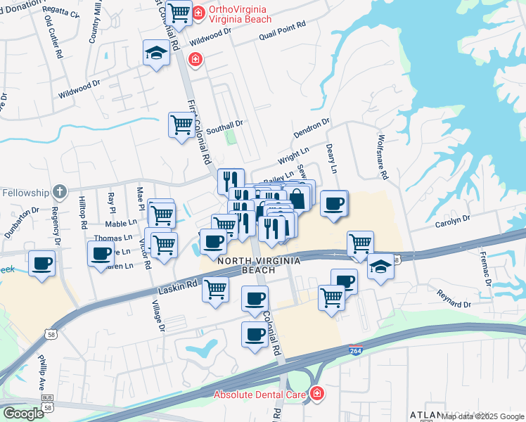 map of restaurants, bars, coffee shops, grocery stores, and more near 800 Plymouth Lane in Virginia Beach