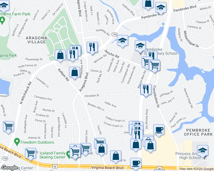 map of restaurants, bars, coffee shops, grocery stores, and more near 621 Sirine Avenue in Virginia Beach