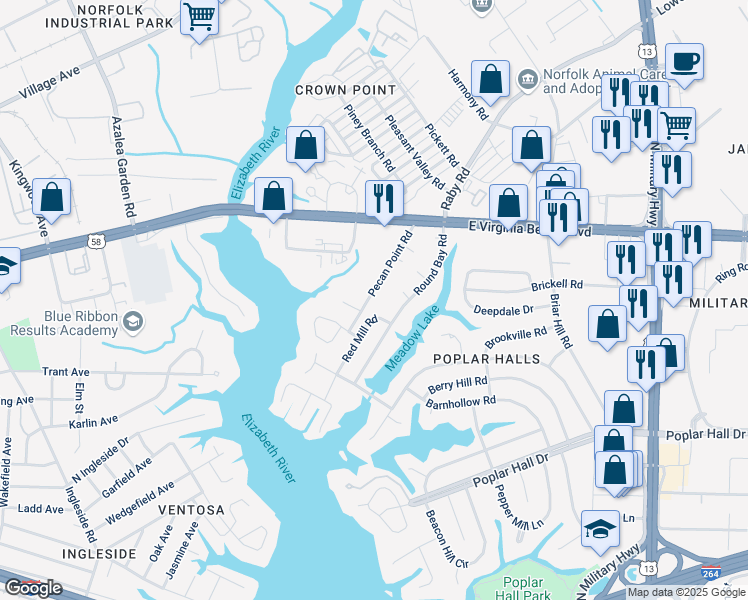 map of restaurants, bars, coffee shops, grocery stores, and more near 806 Pecan Point Road in Norfolk