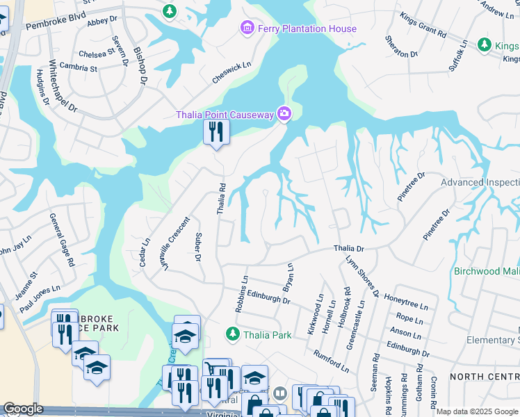 map of restaurants, bars, coffee shops, grocery stores, and more near 637 Greentree Drive in Virginia Beach