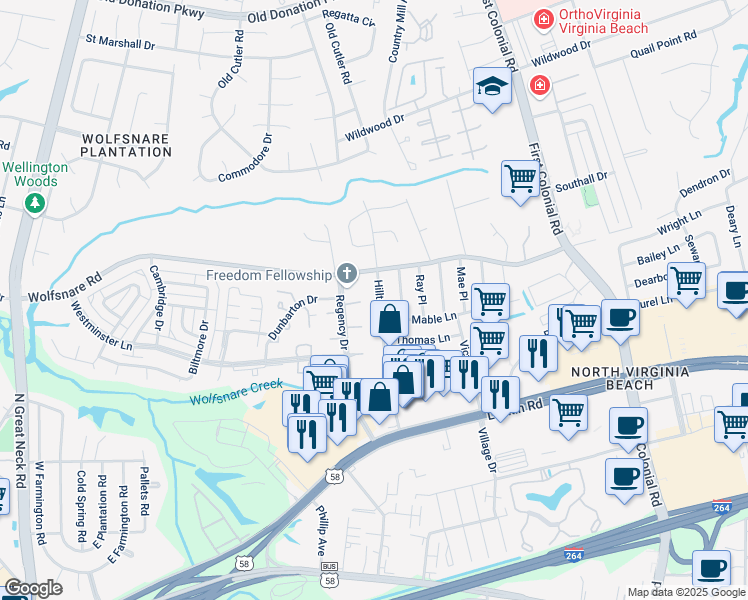 map of restaurants, bars, coffee shops, grocery stores, and more near 813 Hilltop Road in Virginia Beach