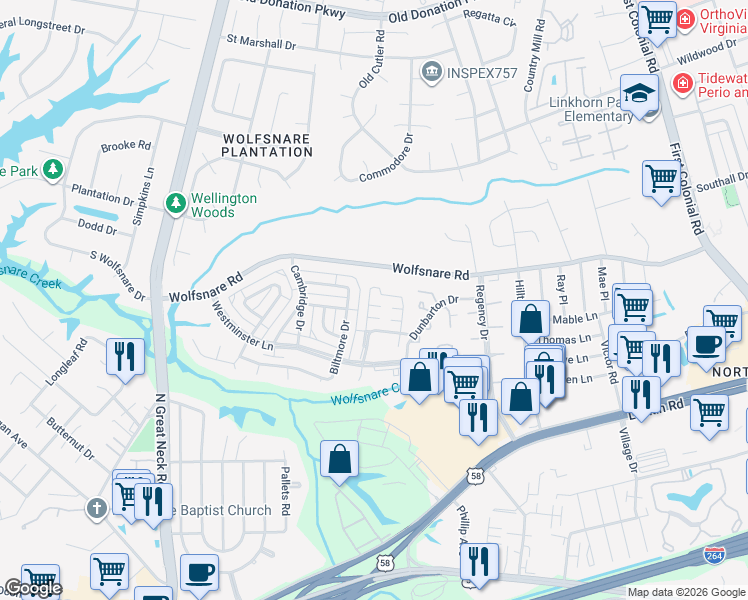 map of restaurants, bars, coffee shops, grocery stores, and more near 804 Queens Way in Virginia Beach