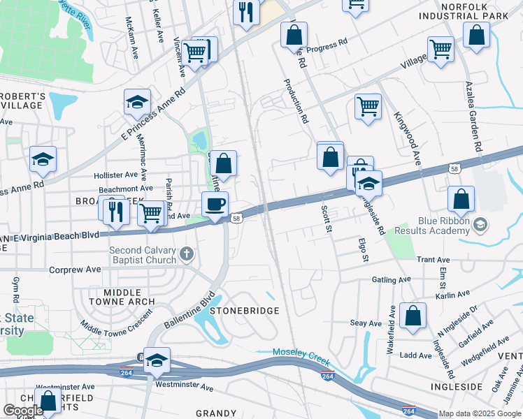 map of restaurants, bars, coffee shops, grocery stores, and more near 3220 Woodland Avenue in Norfolk