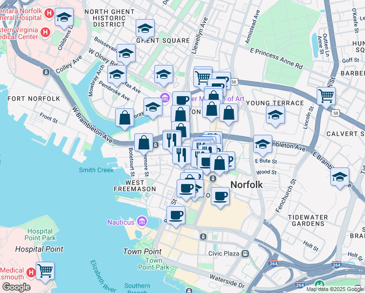 map of restaurants, bars, coffee shops, grocery stores, and more near 223 West York Street in Norfolk