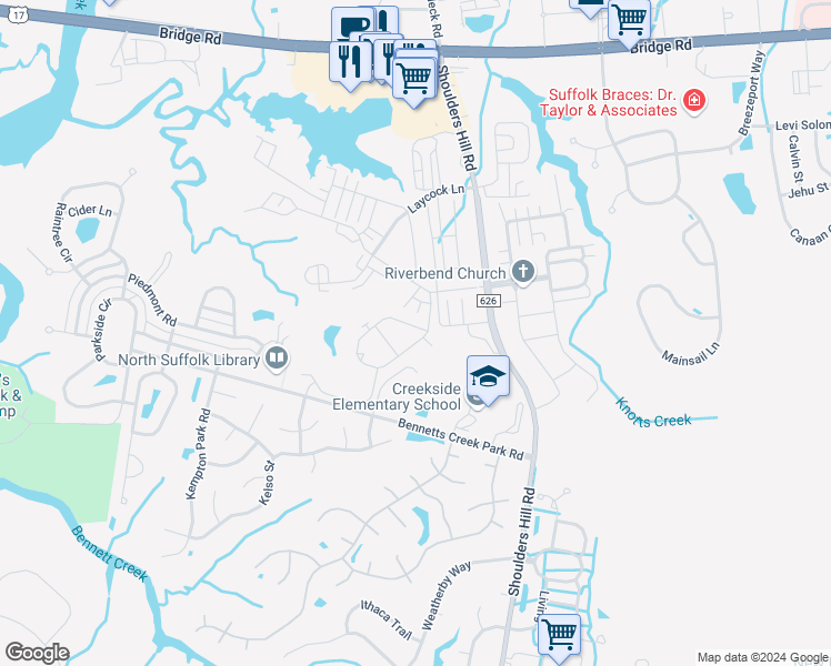 map of restaurants, bars, coffee shops, grocery stores, and more near 6089 Newington Place in Suffolk