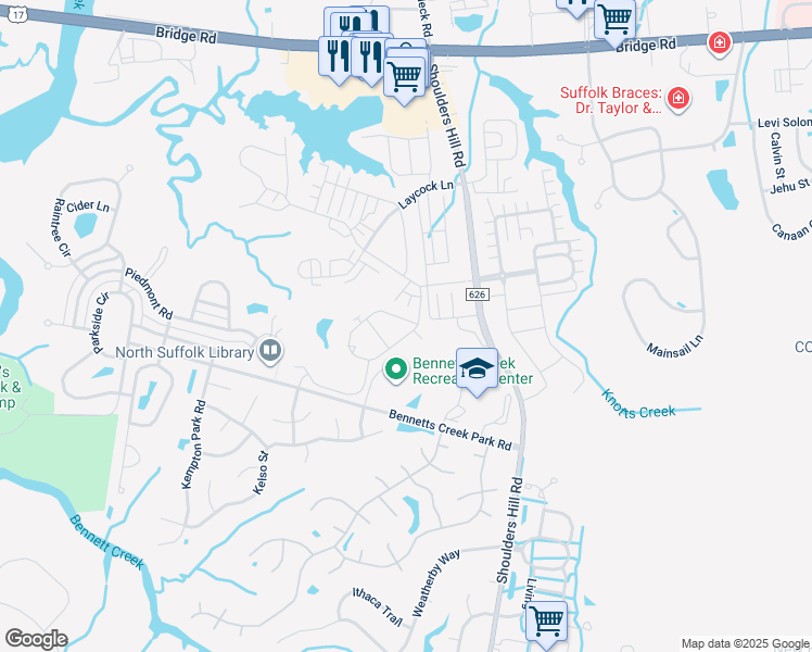 map of restaurants, bars, coffee shops, grocery stores, and more near 6089 Newington Place in Suffolk