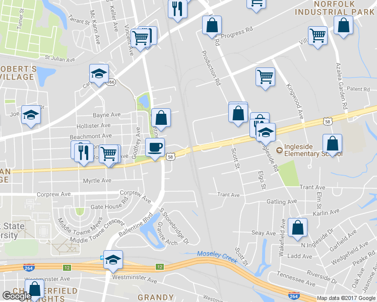 map of restaurants, bars, coffee shops, grocery stores, and more near 3220 Woodland Avenue in Norfolk