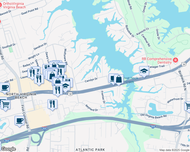 map of restaurants, bars, coffee shops, grocery stores, and more near 1404 Carolyn Drive in Virginia Beach