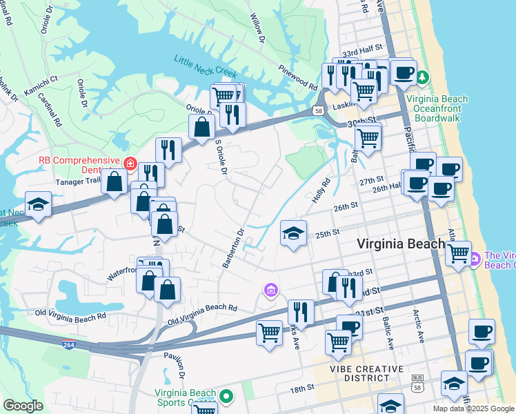 map of restaurants, bars, coffee shops, grocery stores, and more near 652 Barberton Drive in Virginia Beach