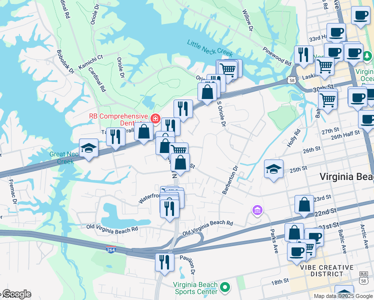 map of restaurants, bars, coffee shops, grocery stores, and more near 1061 Chinquapin Lane in Virginia Beach
