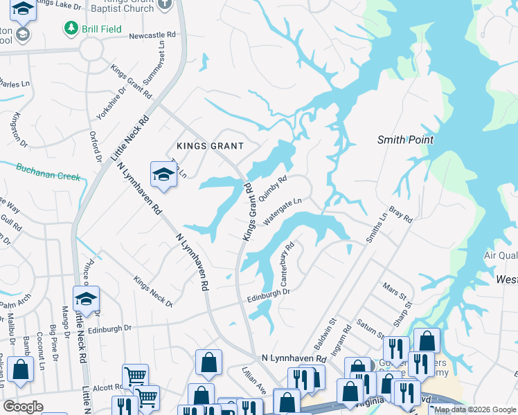 map of restaurants, bars, coffee shops, grocery stores, and more near 3120 Watergate Lane in Virginia Beach
