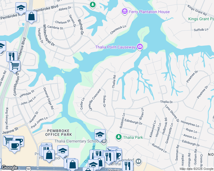 map of restaurants, bars, coffee shops, grocery stores, and more near 4376 Lynnville Crescent in Virginia Beach