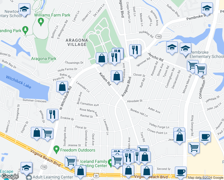 map of restaurants, bars, coffee shops, grocery stores, and more near 612 Wordsworth Lane in Virginia Beach