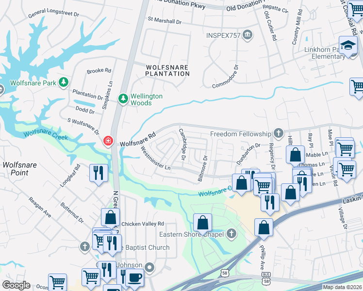 map of restaurants, bars, coffee shops, grocery stores, and more near 817 Cambridge Drive in Virginia Beach