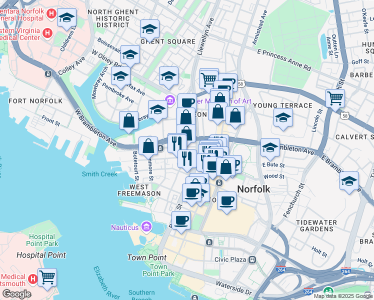 map of restaurants, bars, coffee shops, grocery stores, and more near 223 West York Street in Norfolk