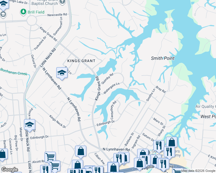 map of restaurants, bars, coffee shops, grocery stores, and more near 3120 Watergate Lane in Virginia Beach