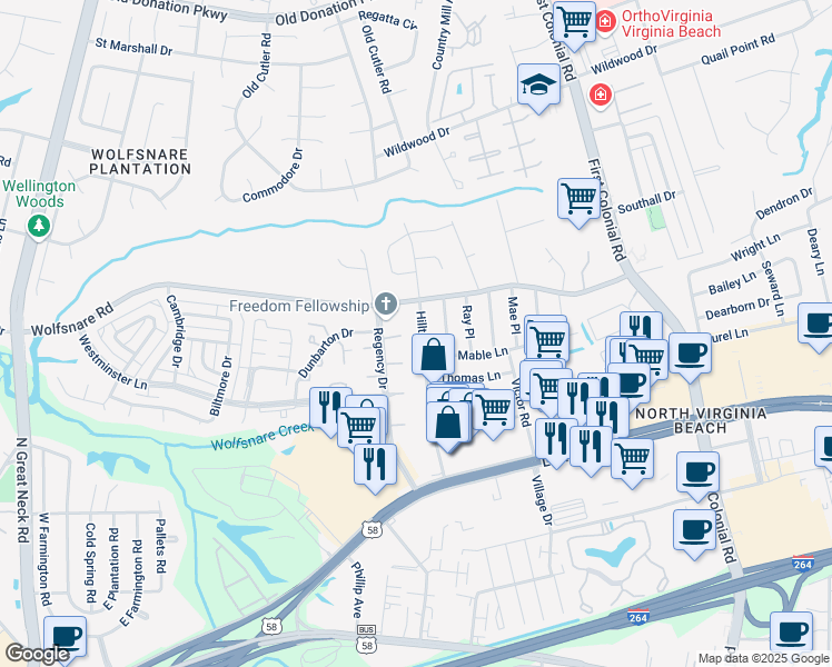 map of restaurants, bars, coffee shops, grocery stores, and more near 813 Hilltop Road in Virginia Beach