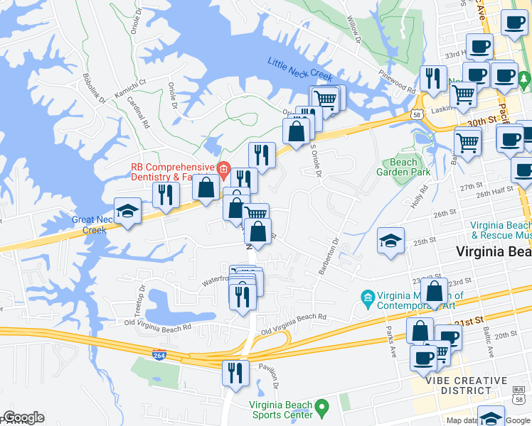 map of restaurants, bars, coffee shops, grocery stores, and more near 1061 Chinquapin Lane in Virginia Beach