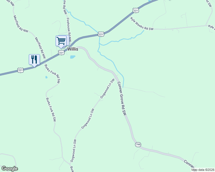 map of restaurants, bars, coffee shops, grocery stores, and more near 160 Dogwood Lane Southwest in Willis