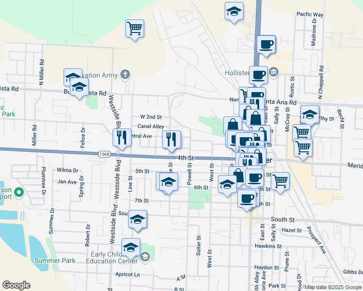 map of restaurants, bars, coffee shops, grocery stores, and more near 340 Park Alley in Hollister