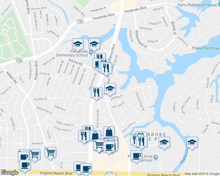map of restaurants, bars, coffee shops, grocery stores, and more near 4421 Articles Lane in Virginia Beach