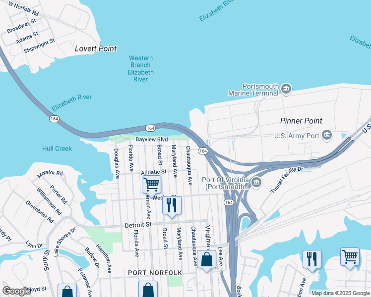 map of restaurants, bars, coffee shops, grocery stores, and more near 114 Chautauqua Avenue in Portsmouth