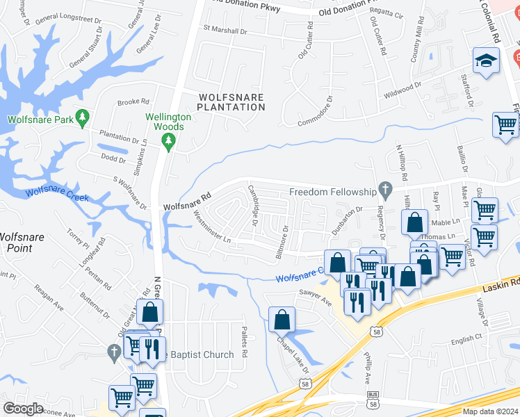 map of restaurants, bars, coffee shops, grocery stores, and more near 2237 Cannon Drive in Virginia Beach