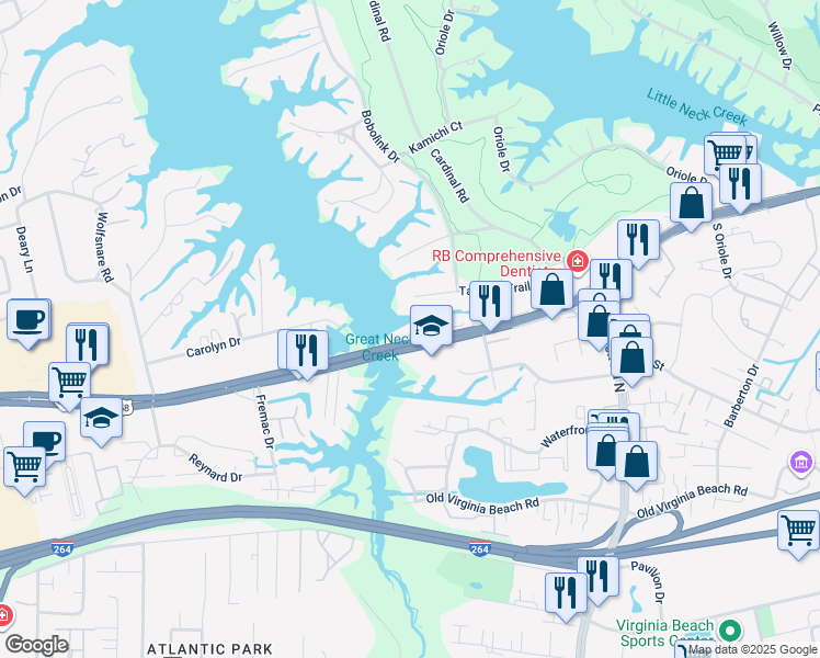 map of restaurants, bars, coffee shops, grocery stores, and more near 1288 Laskin Road in Virginia Beach