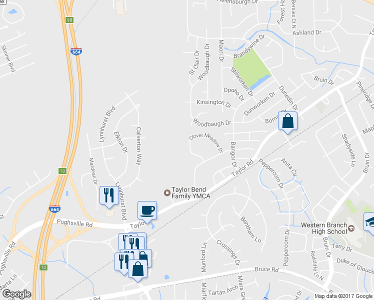 map of restaurants, bars, coffee shops, grocery stores, and more near 3548 Clover Meadows Road in Chesapeake
