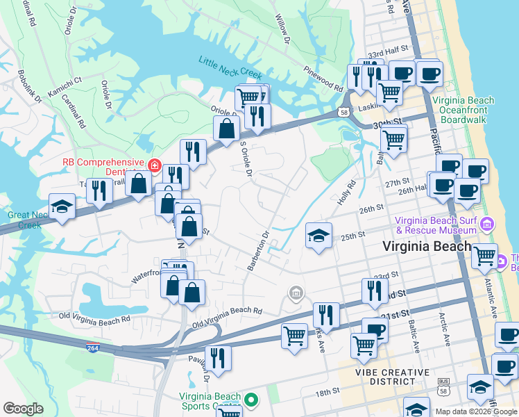 map of restaurants, bars, coffee shops, grocery stores, and more near 912 East Piney Branch Drive in Virginia Beach