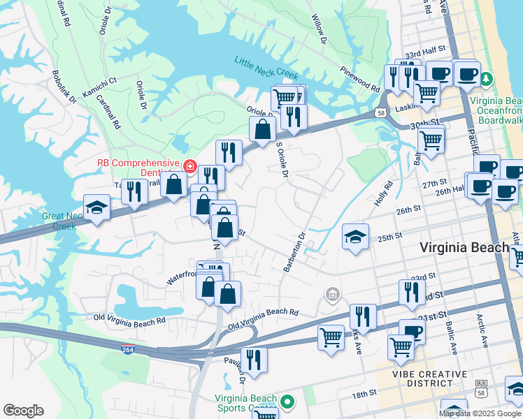 map of restaurants, bars, coffee shops, grocery stores, and more near 600 Piney Branch Drive in Virginia Beach