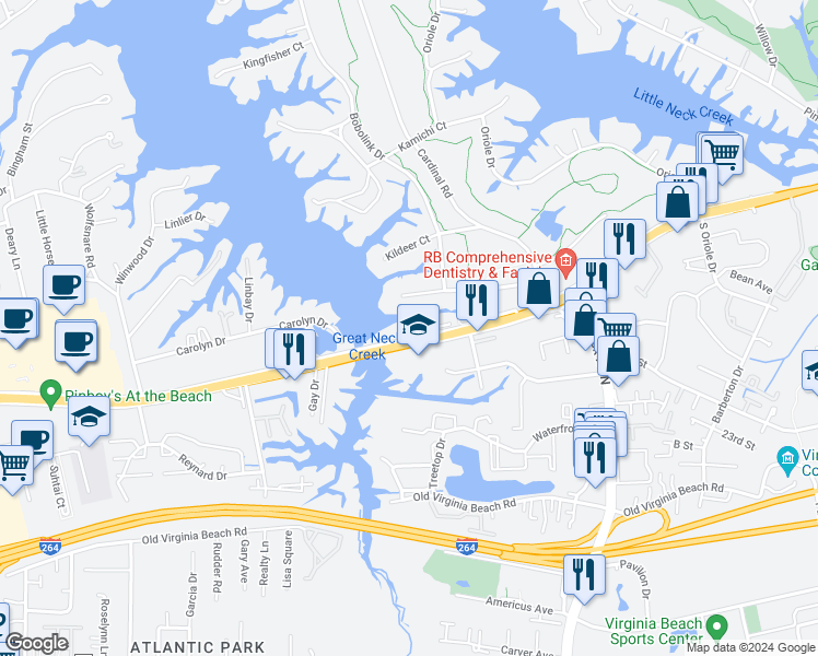 map of restaurants, bars, coffee shops, grocery stores, and more near 1288 Laskin Road in Virginia Beach
