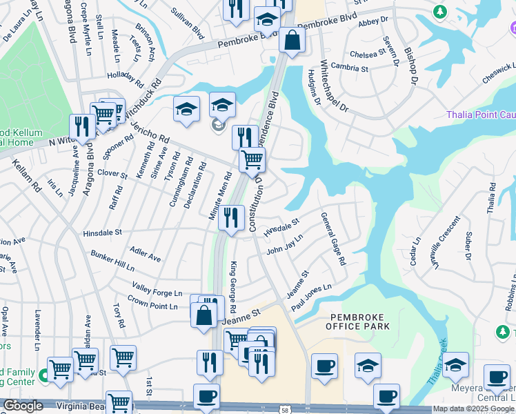 map of restaurants, bars, coffee shops, grocery stores, and more near 4421 Articles Lane in Virginia Beach