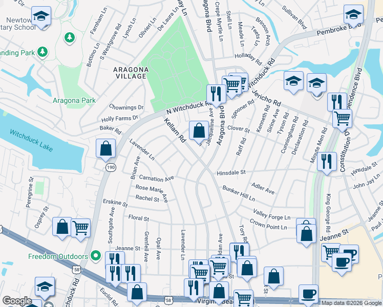 map of restaurants, bars, coffee shops, grocery stores, and more near 612 Wordsworth Lane in Virginia Beach