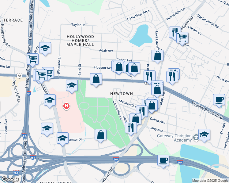 map of restaurants, bars, coffee shops, grocery stores, and more near 6409 Stoney Point South in Norfolk
