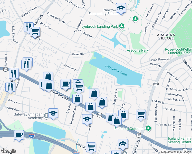 map of restaurants, bars, coffee shops, grocery stores, and more near 5375 Grand Lake Crescent in Virginia Beach
