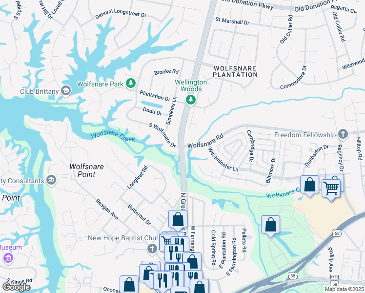 map of restaurants, bars, coffee shops, grocery stores, and more near N Great Neck Rd & Wolfsnare Rd in Virginia Beach