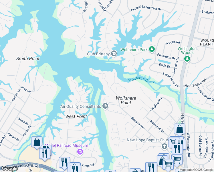 map of restaurants, bars, coffee shops, grocery stores, and more near 2731 Seashore Cove in Virginia Beach