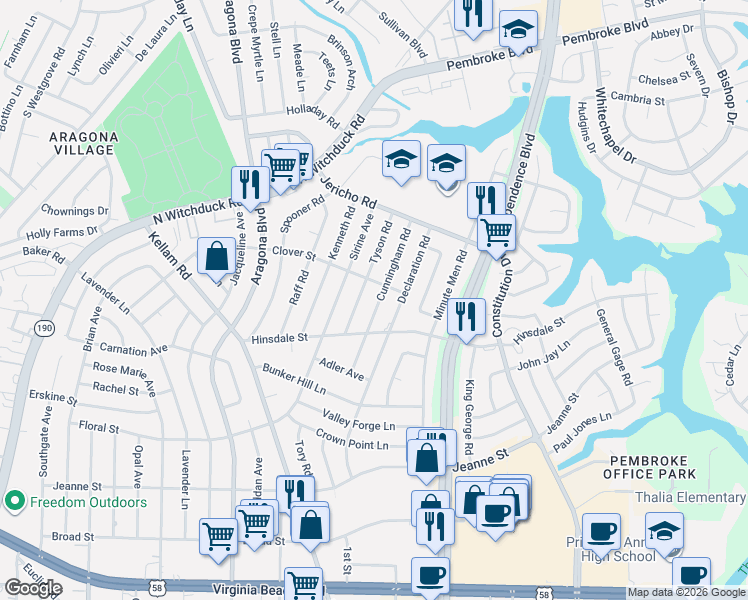 map of restaurants, bars, coffee shops, grocery stores, and more near 621 Cunningham Road in Virginia Beach