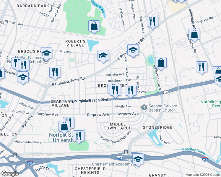 map of restaurants, bars, coffee shops, grocery stores, and more near 2749 Mapleton Avenue in Norfolk
