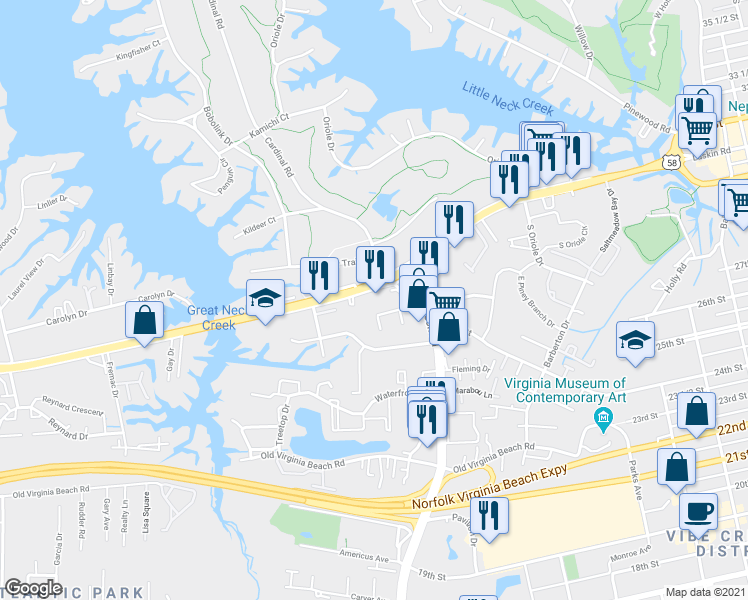 map of restaurants, bars, coffee shops, grocery stores, and more near 1201 Laskin Road in Virginia Beach