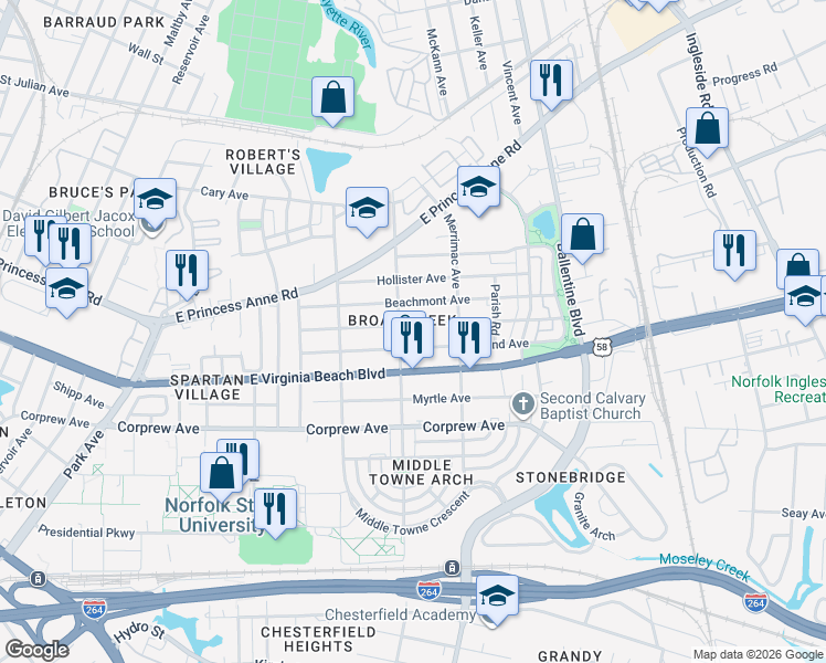 map of restaurants, bars, coffee shops, grocery stores, and more near 2829 Mapleton Avenue in Norfolk