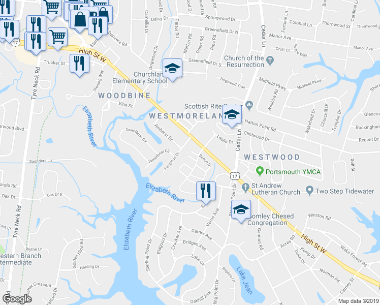 map of restaurants, bars, coffee shops, grocery stores, and more near 5116 Radcliff Circle in Portsmouth