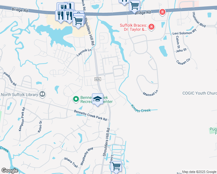 map of restaurants, bars, coffee shops, grocery stores, and more near 203 Markham Street in Suffolk