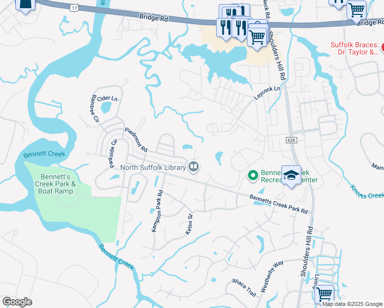 map of restaurants, bars, coffee shops, grocery stores, and more near 1521 Elderberry Road in Suffolk