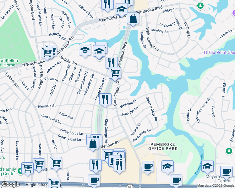 map of restaurants, bars, coffee shops, grocery stores, and more near 4421 Articles Lane in Virginia Beach