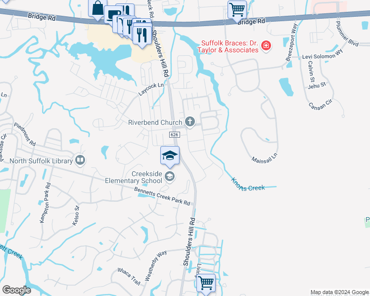 map of restaurants, bars, coffee shops, grocery stores, and more near 110 Meridian Place in Suffolk